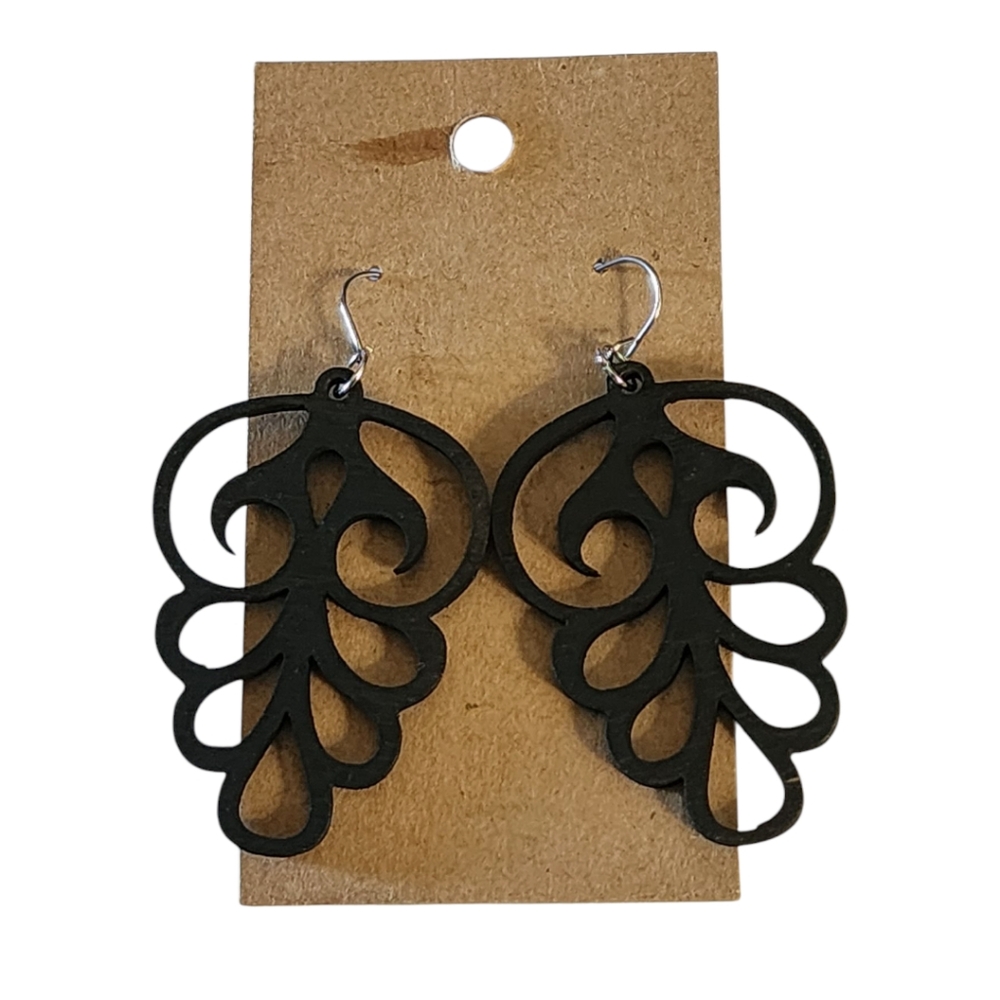 Black Leaf Swirl Wood Drop Earrings